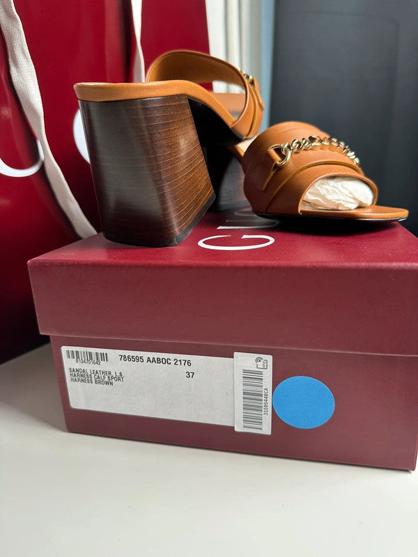 Gucci Sandales Talon Large Cuir Marron Détail Chaîne T.38 — Neuves