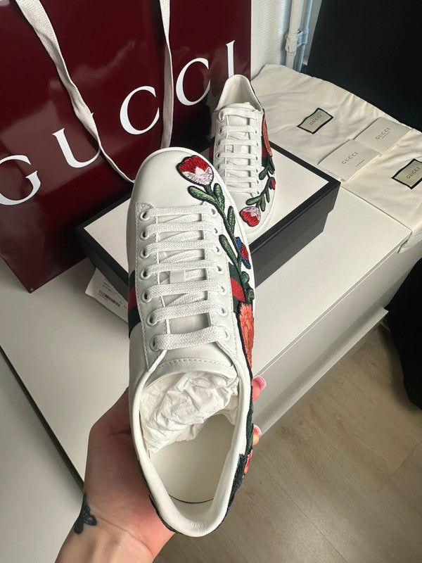 Gucci Ace Sneakers Cuir Blanc Broderie Florale Web T.38 — Neuves
