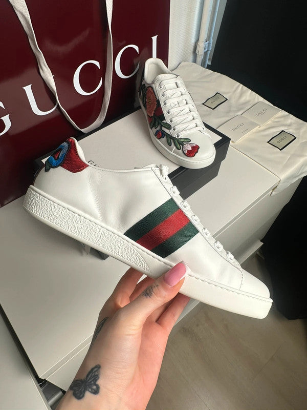 Gucci Ace Sneakers Cuir Blanc Broderie Florale Web T.38 — Neuves