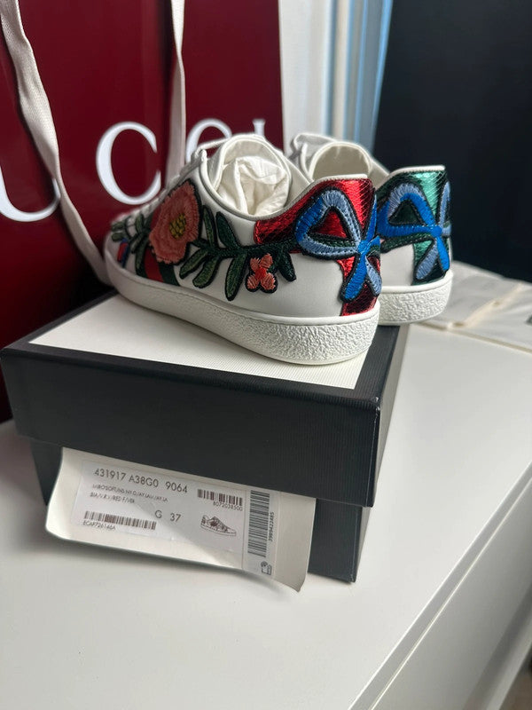 Gucci Ace Sneakers Cuir Blanc Broderie Florale Web T.38 — Neuves