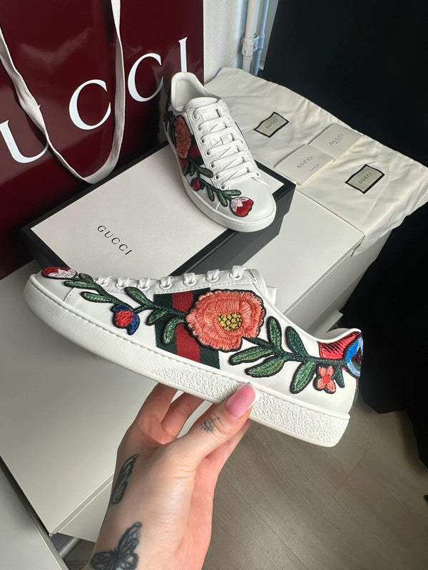 Gucci Ace Sneakers Cuir Blanc Broderie Florale Web T.38 — Neuves