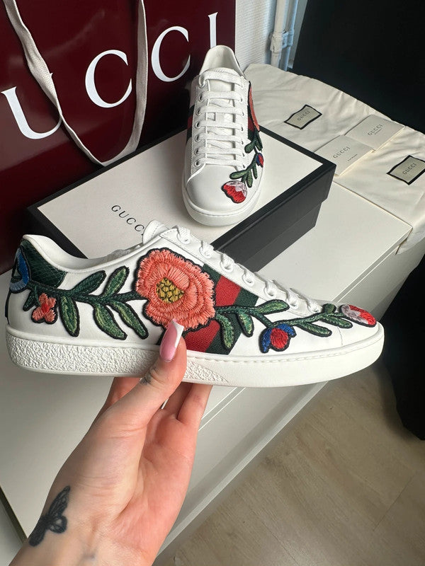Gucci Ace Sneakers Cuir Blanc Broderie Florale Web T.38 — Neuves