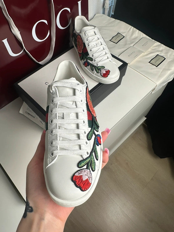 Gucci Ace Sneakers Cuir Blanc Broderie Florale Web T.38 — Neuves