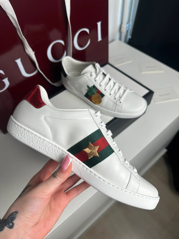 Gucci Ace Sneakers Cuir Blanc Broderie Coccinelle & Ananas T.38,5 — Neuves