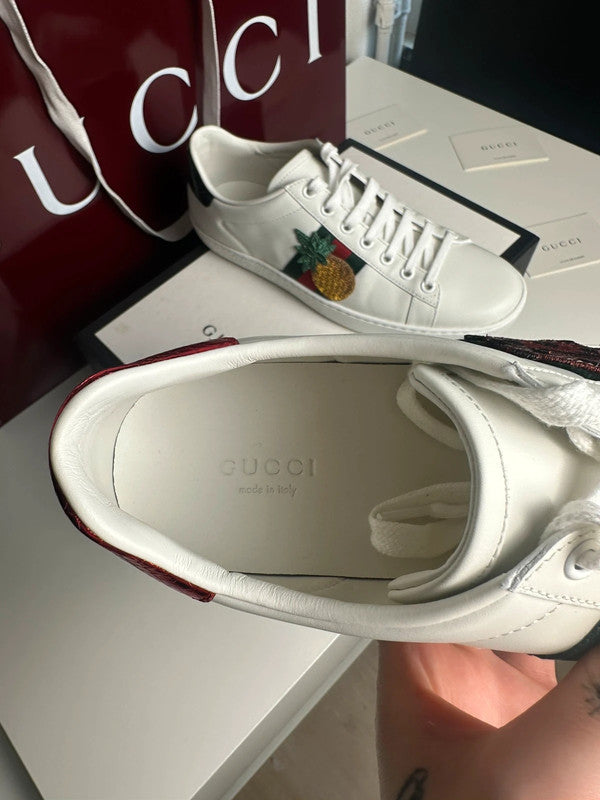 Gucci Ace Sneakers Cuir Blanc Broderie Coccinelle & Ananas T.38,5 — Neuves