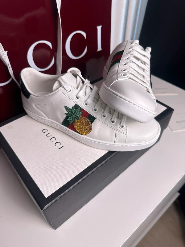 Gucci Ace Sneakers Cuir Blanc Broderie Coccinelle & Ananas T.38,5 — Neuves