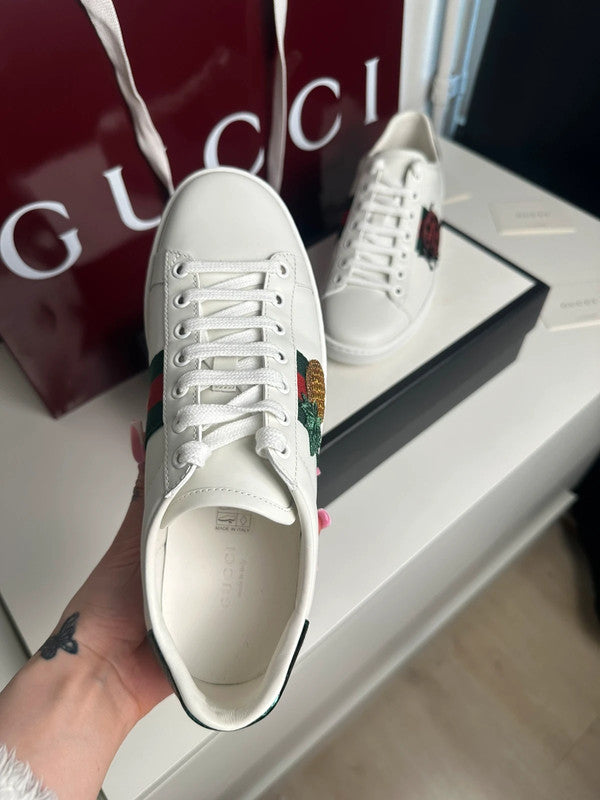 Gucci Ace Sneakers Cuir Blanc Broderie Coccinelle & Ananas T.38,5 — Neuves