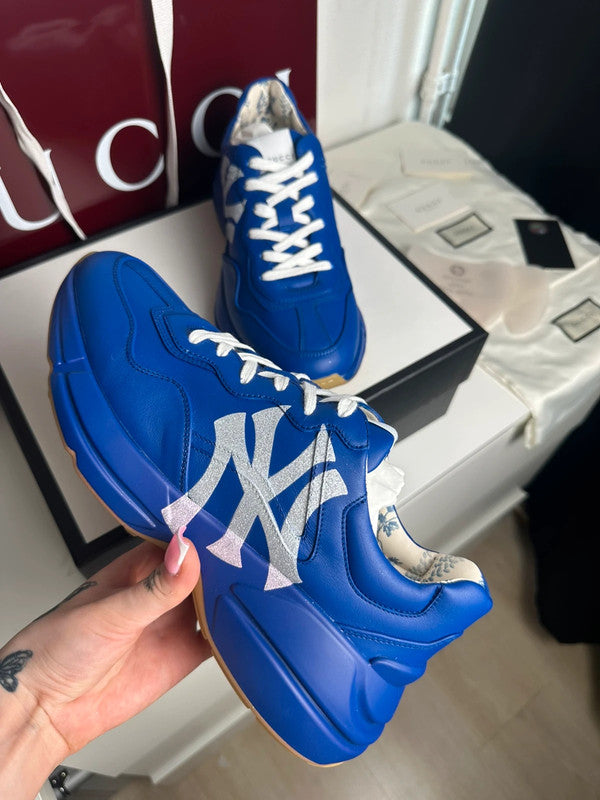 Gucci Rhyton Sneakers Cuir Bleu Collaboration MLB NY Yankees T.41 — Neuves