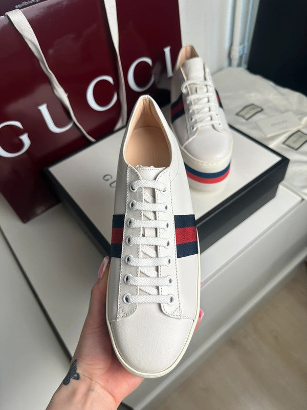 Gucci Ace Platform Sneakers Cuir Blanc Bande Web T.39 — Neuves