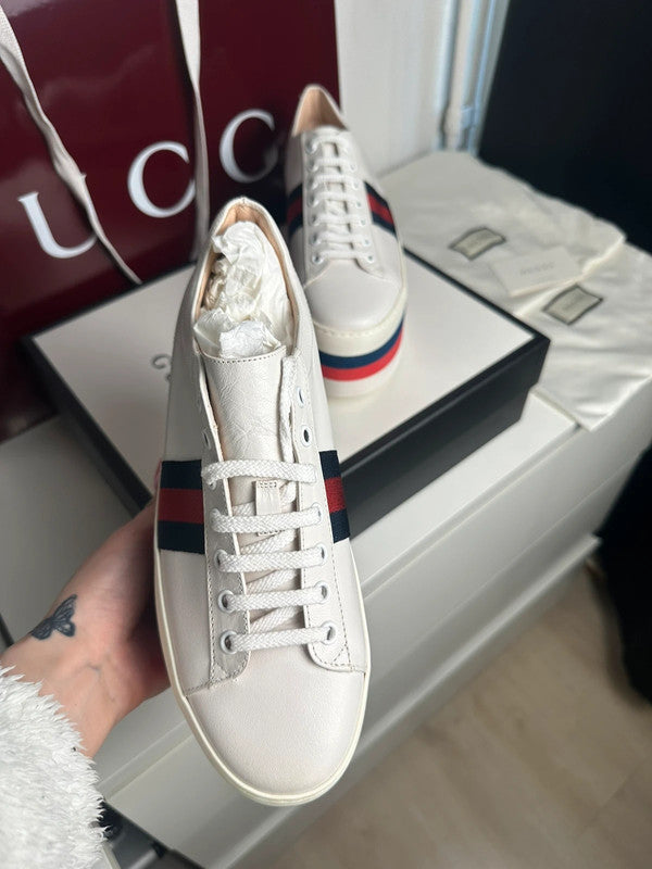 Gucci Ace Platform Sneakers Cuir Blanc Bande Web T.39 — Neuves