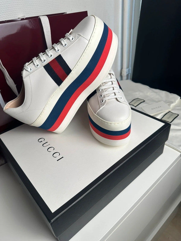 Gucci Ace Platform Sneakers Cuir Blanc Bande Web T.39 — Neuves