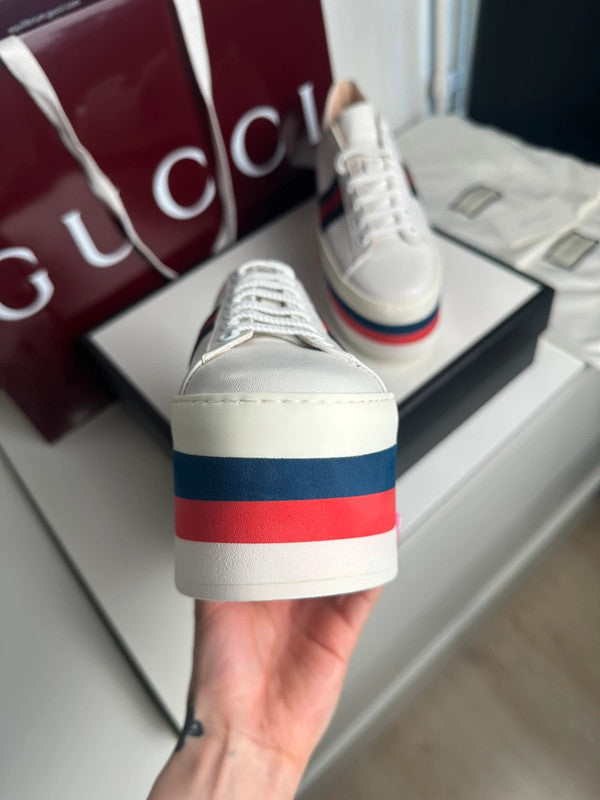 Gucci Ace Platform Sneakers Cuir Blanc Bande Web T.39 — Neuves