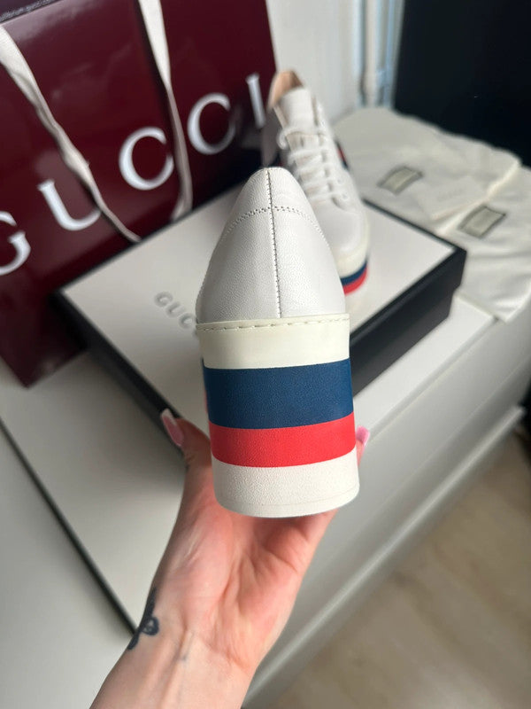 Gucci Ace Platform Sneakers Cuir Blanc Bande Web T.39 — Neuves