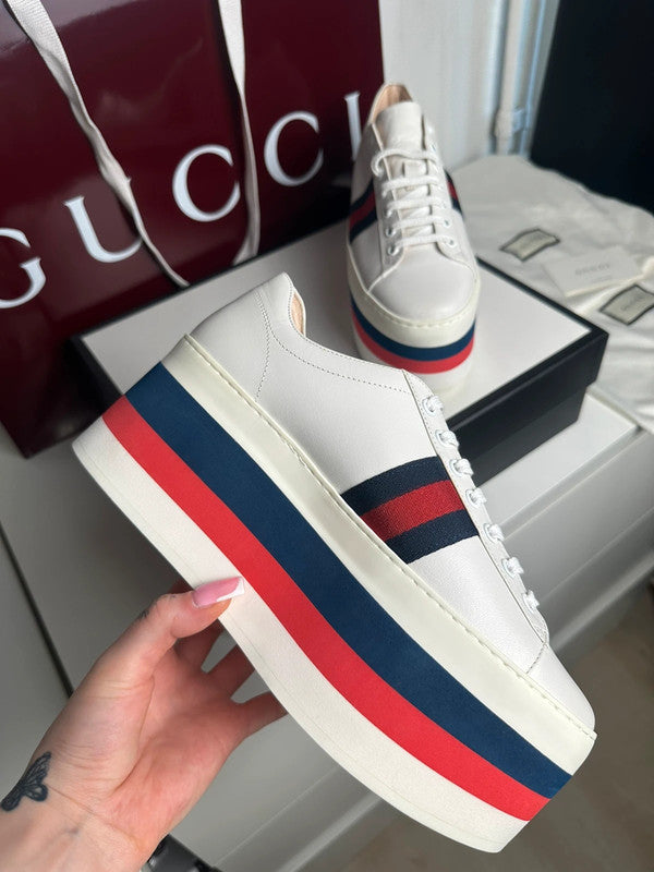 Gucci Ace Platform Sneakers Cuir Blanc Bande Web T.39 — Neuves