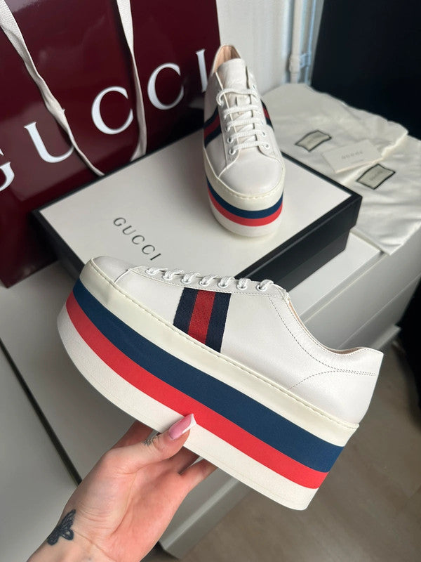 Gucci Ace Platform Sneakers Cuir Blanc Bande Web T.39 — Neuves
