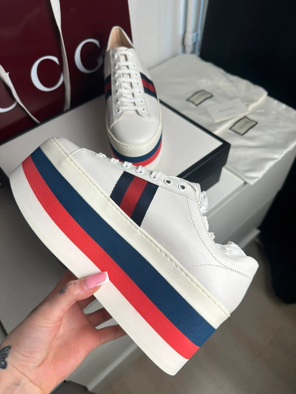 Gucci Ace Platform Sneakers Cuir Blanc Bande Web T.39 — Neuves
