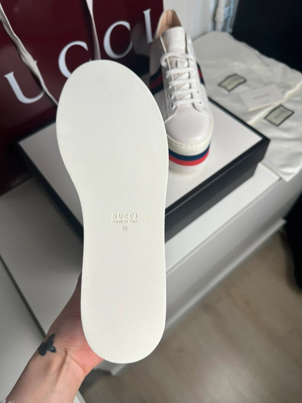 Gucci Ace Platform Sneakers Cuir Blanc Bande Web T.39 — Neuves
