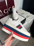 Gucci Ace Platform Sneakers Cuir Blanc Bande Web T.39 — Neuves