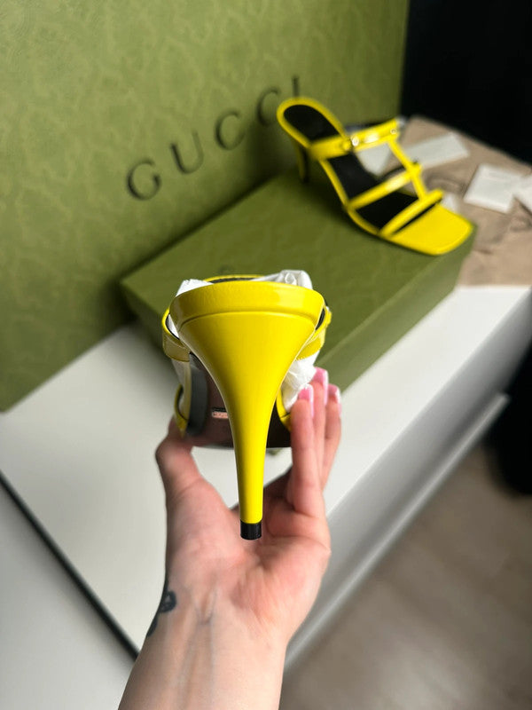 Gucci Sandales à Talons Cuir Jaune Finitions Argentées T.38,5 — Neuves