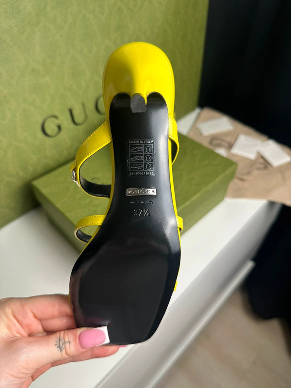 Gucci Sandales à Talons Cuir Jaune Finitions Argentées T.38,5 — Neuves