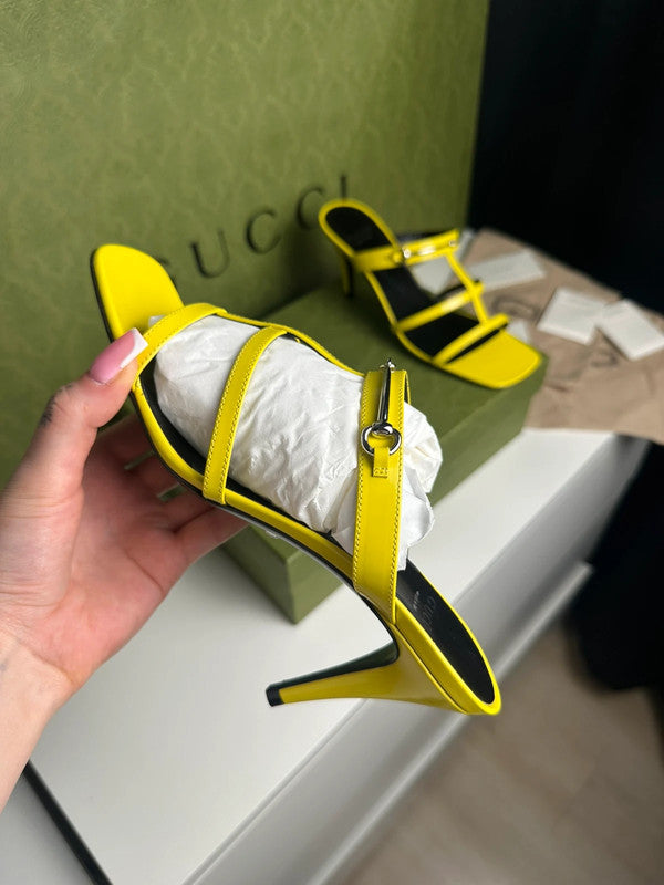 Gucci Sandales à Talons Cuir Jaune Finitions Argentées T.38,5 — Neuves