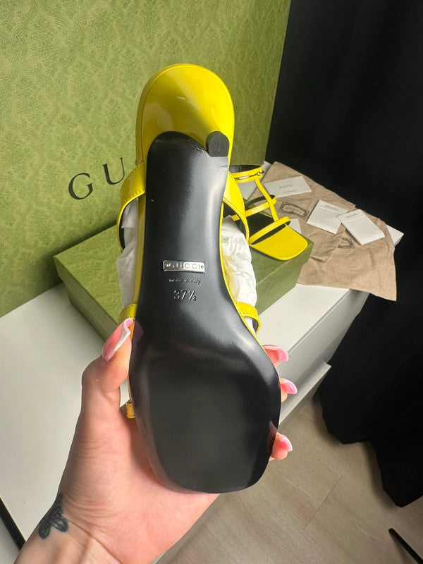 Gucci Sandales à Talons Cuir Jaune Finitions Argentées T.38,5 — Neuves
