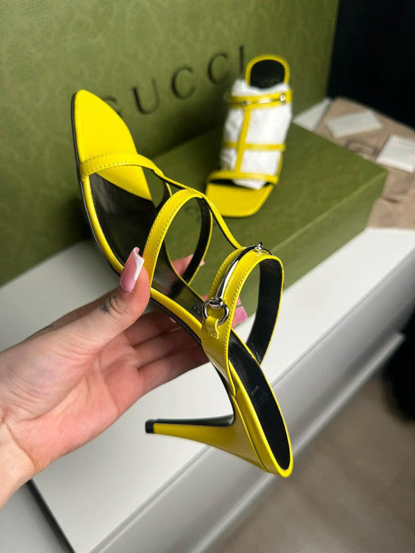 Gucci Sandales à Talons Cuir Jaune Finitions Argentées T.38,5 — Neuves
