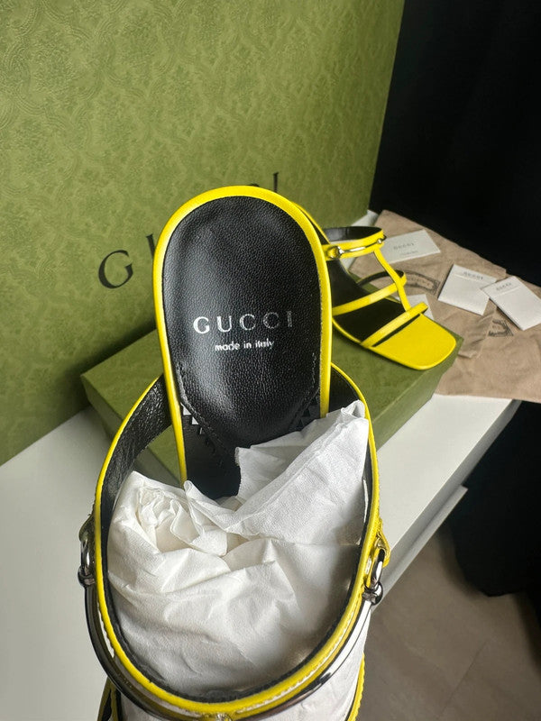 Gucci Sandales à Talons Cuir Jaune Finitions Argentées T.38,5 — Neuves