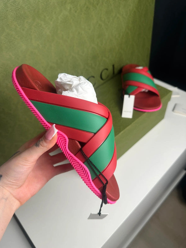 Gucci Slides Brides Croisées Rouge & Vert T.38 — Neuves