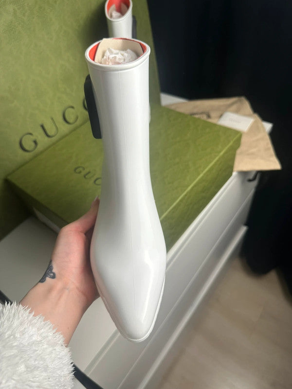 Gucci Bottines à Talons GG Rubber Caoutchouc Blanc T.39 — Neuves