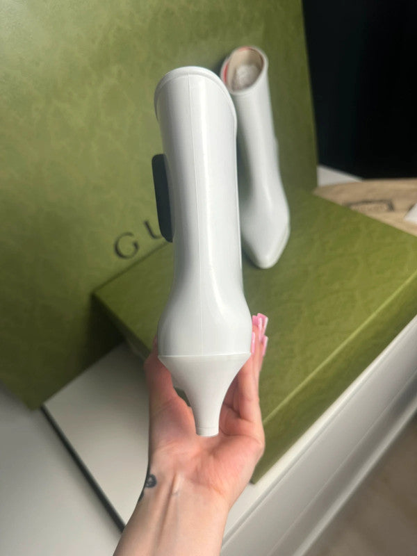 Gucci Bottines à Talons GG Rubber Caoutchouc Blanc T.39 — Neuves