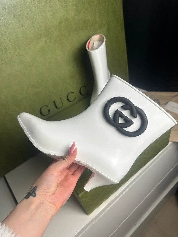 Gucci Bottines à Talons GG Rubber Caoutchouc Blanc T.39 — Neuves