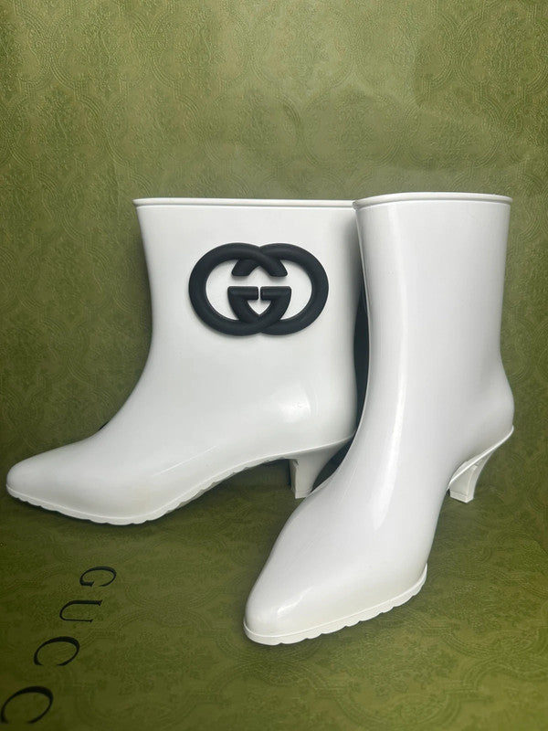 Gucci Bottines à Talons GG Rubber Caoutchouc Blanc T.39 — Neuves