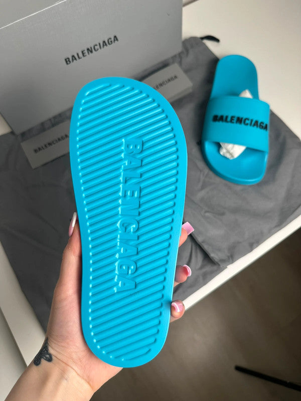 Balenciaga Pool Slide Logo Rubber Turquoise & Noir T.37 — Neuves
