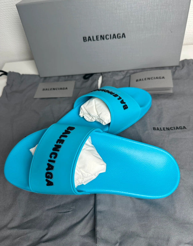 Balenciaga Pool Slide Logo Rubber Turquoise & Noir T.37 — Neuves