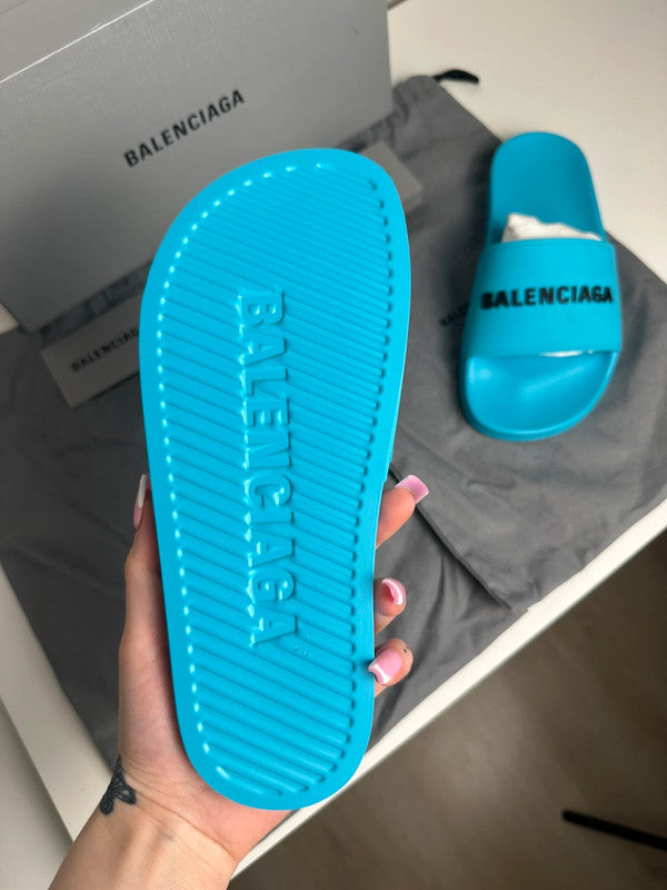 Balenciaga Pool Slide Logo Rubber Turquoise & Noir T.37 — Neuves