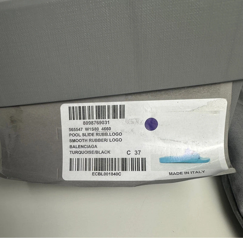 Balenciaga Pool Slide Logo Rubber Turquoise & Noir T.37 — Neuves