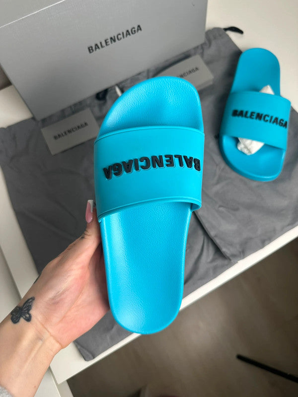 Balenciaga Pool Slide Logo Rubber Turquoise & Noir T.37 — Neuves