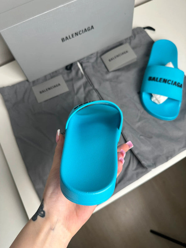 Balenciaga Pool Slide Logo Rubber Turquoise & Noir T.37 — Neuves