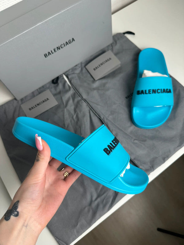 Balenciaga Pool Slide Logo Rubber Turquoise & Noir T.37 — Neuves