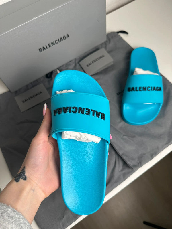 Balenciaga Pool Slide Logo Rubber Turquoise & Noir T.37 — Neuves