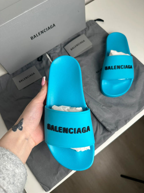 Balenciaga Pool Slide Logo Rubber Turquoise & Noir T.37 — Neuves