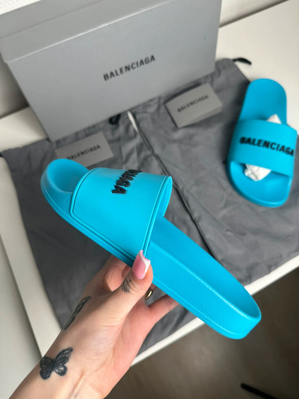 Balenciaga Pool Slide Logo Rubber Turquoise & Noir T.37 — Neuves