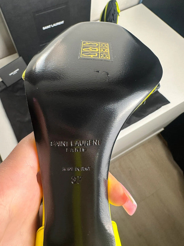 Saint Laurent Paris Sandales Talons Cuir Verni Jaune Fluo T.37 — Neuves