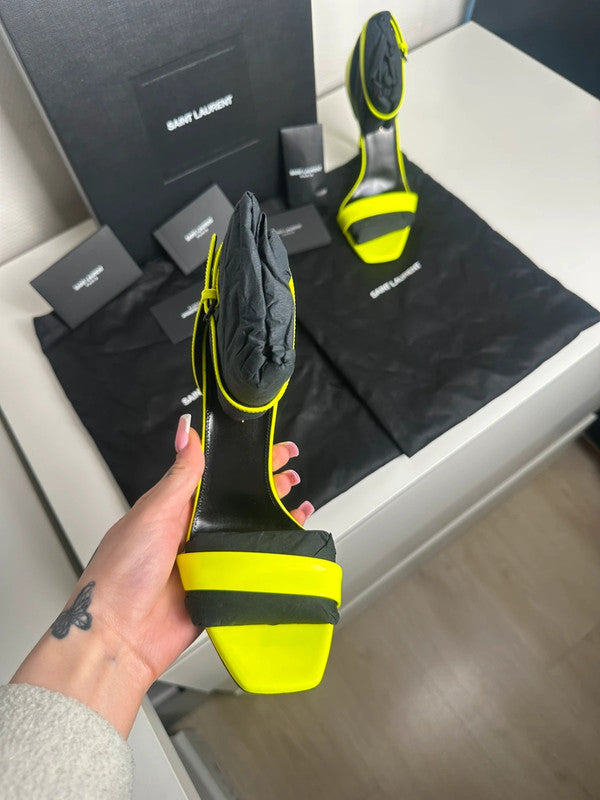 Saint Laurent Paris Sandales Talons Cuir Verni Jaune Fluo T.37 — Neuves