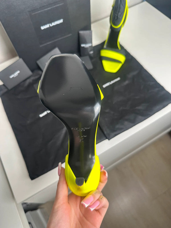 Saint Laurent Paris Sandales Talons Cuir Verni Jaune Fluo T.37 — Neuves