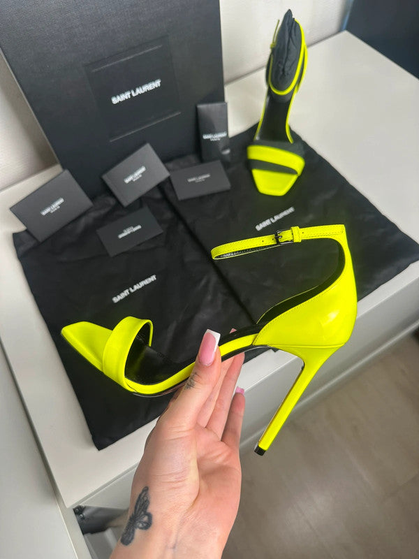 Saint Laurent Paris Sandales Talons Cuir Verni Jaune Fluo T.37 — Neuves