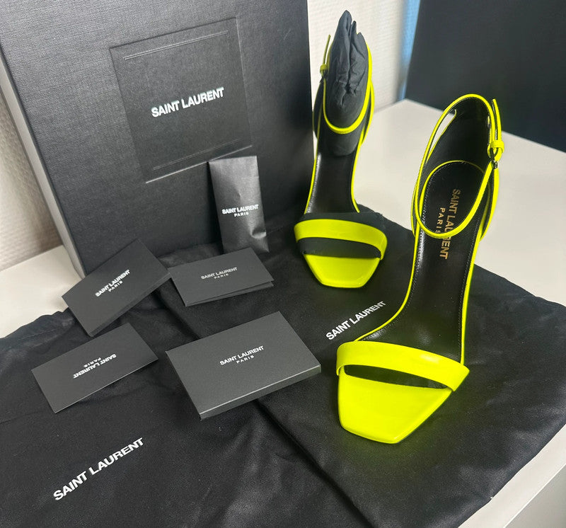 Saint Laurent Paris Sandales Talons Cuir Verni Jaune Fluo T.37 — Neuves