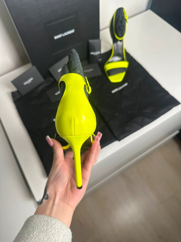 Saint Laurent Paris Sandales Talons Cuir Verni Jaune Fluo T.37 — Neuves
