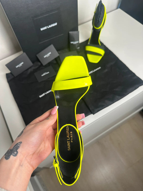 Saint Laurent Paris Sandales Talons Cuir Verni Jaune Fluo T.37 — Neuves